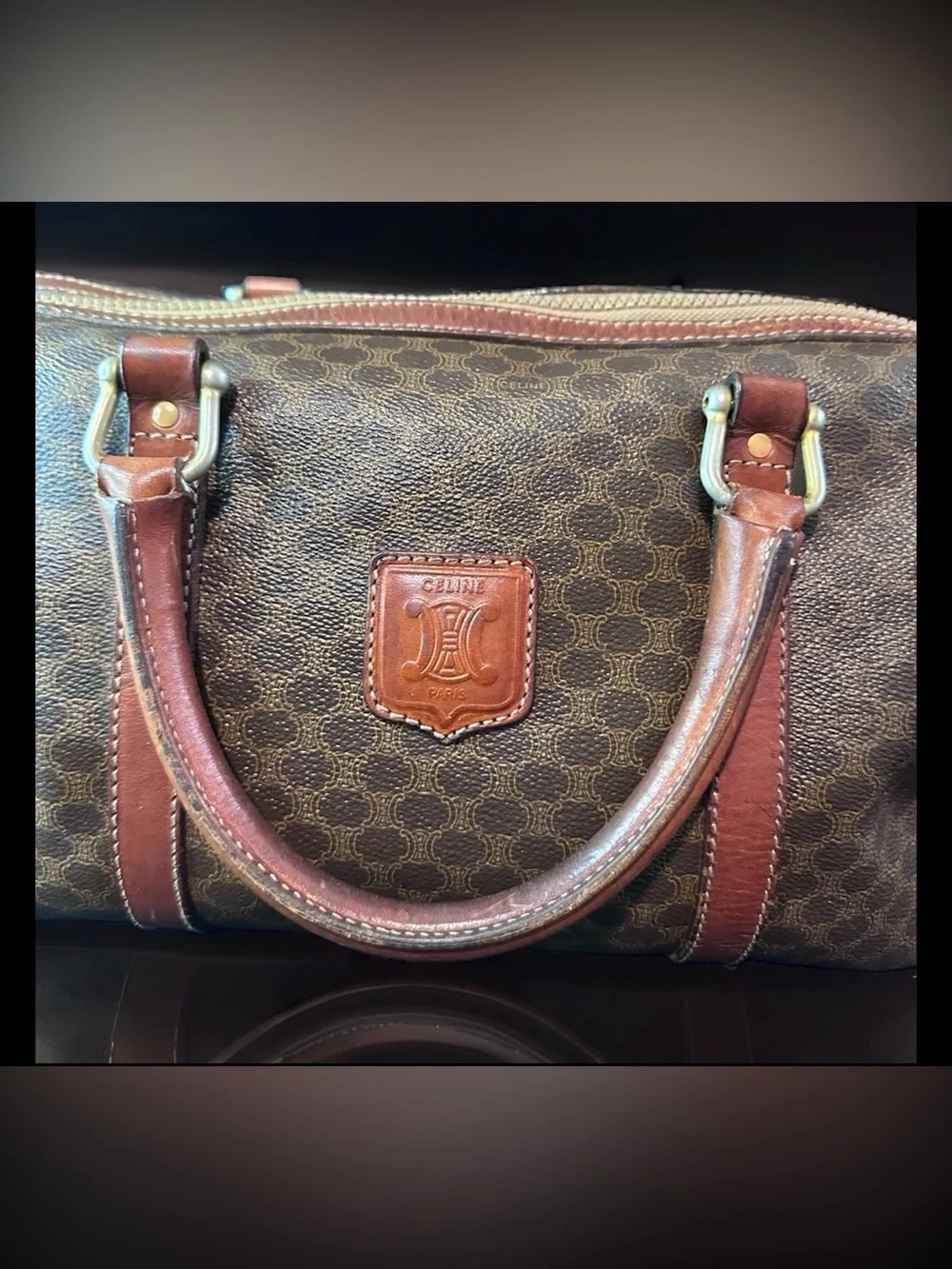 CELINE Brown Logo Satchel/Boston Handbag Zip Closure